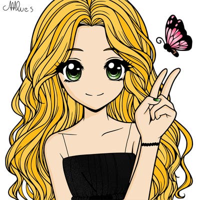 cute semi realistic teenage girl with long, wavy hair with a butterfly on her finger