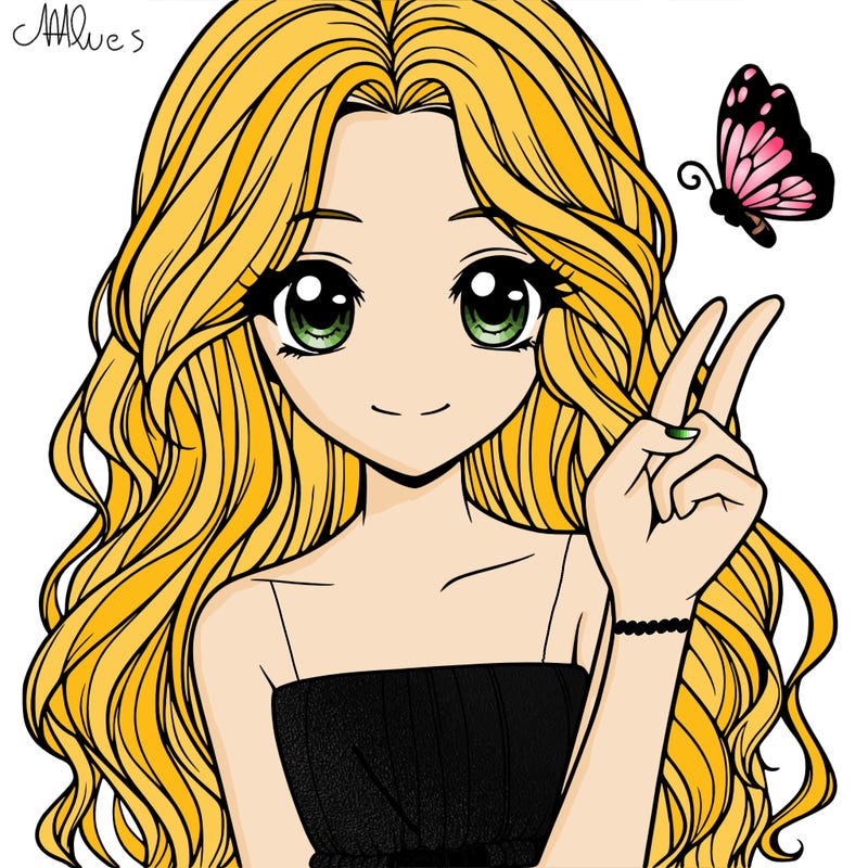 cute semi realistic teenage girl with long, wavy hair with a butterfly on her finger