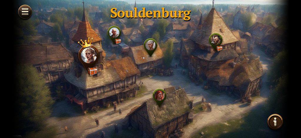 Hearts HD: Classic Card Game - Mapa de la ciudad medieval de Souldenburg en Hearts HD que muestra iconos de personajes y cofres de recompensas