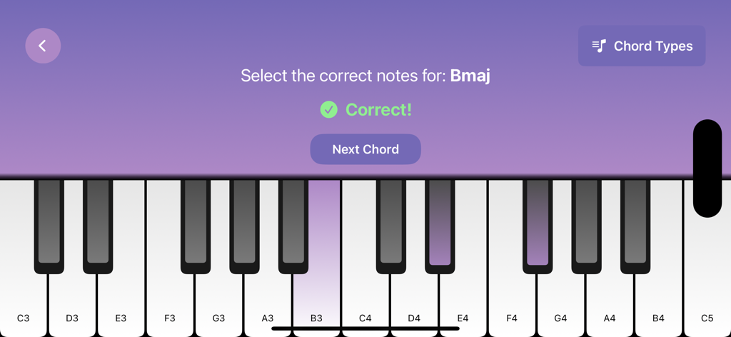 Captura de tela do recurso Quiz de Acordes no aplicativo Chords Finder mostrando um teclado de piano com as notas corretas para um acorde de Si Maior selecionadas.