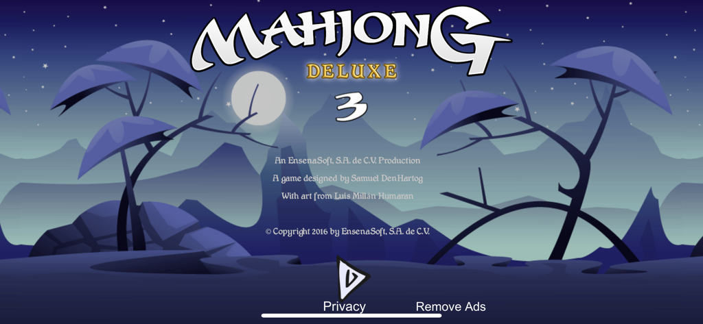 Mahjong Deluxe 3 Go - Title screen of Mahjong Deluxe 3 featuring a tranquil night landscape with a full moon and mountains