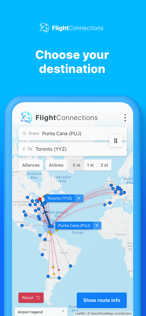 Pantalla de la aplicación FlightConnections que muestra un mapa mundial interactivo con rutas de vuelo y búsqueda de destinos.