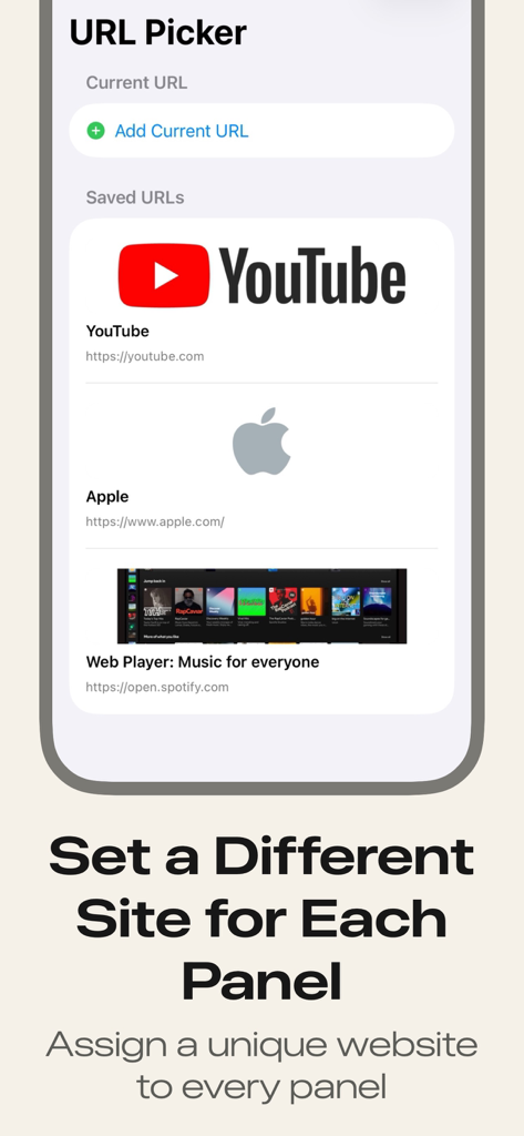 WebApp - Interfaz de WebApp que muestra la pantalla del Selector de URL para asignar sitios web únicos como YouTube y Spotify a diferentes paneles del diseño