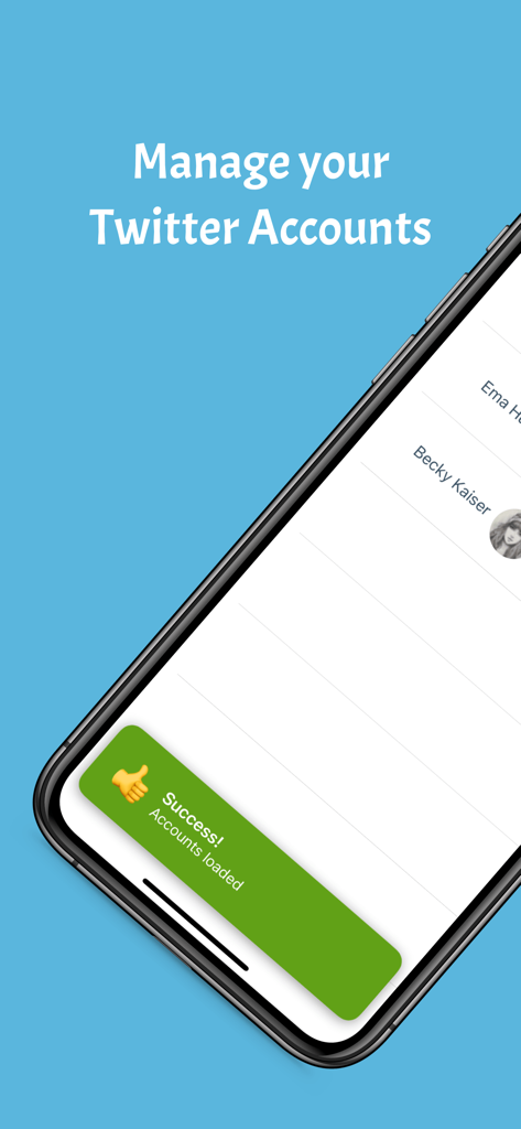 Delete Likes for Twitter - Mobile app interface displaying a success message after loading multiple Twitter accounts for management