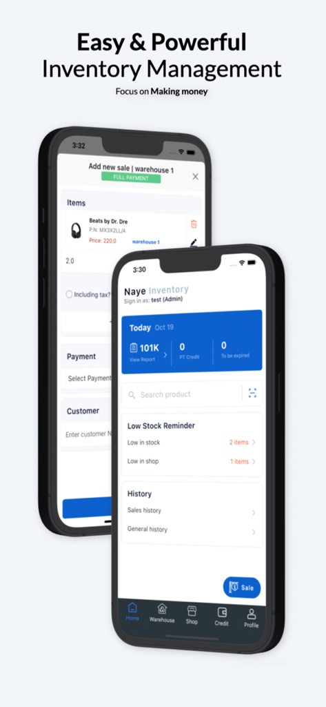 Naye Inventory Management App - Naye inventory management app dashboard and sales interface on mobile screens
