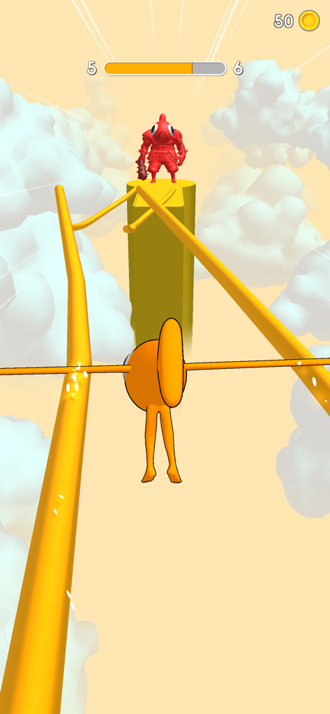 Steve Le Poisson - An orange fish with legs sliding on yellow rails towards a red boss character in a cloudy sky.