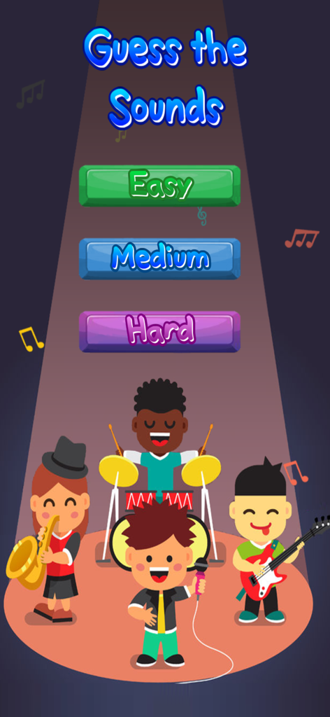Menú de la aplicación Adivina los sonidos con niveles de dificultad y una banda de música de dibujos animados
