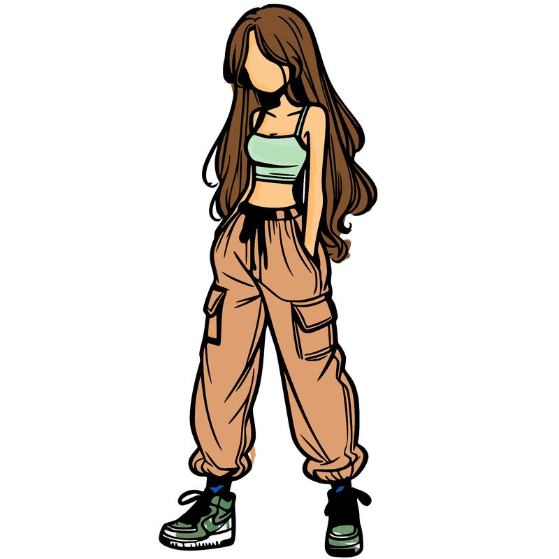 girl in baggy pants crop top and long hair