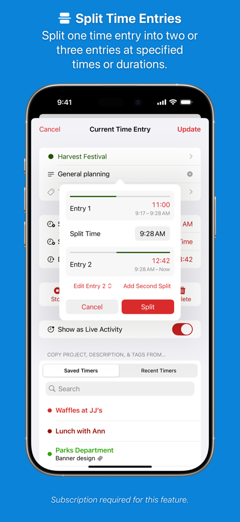 Timery: Time Tracker - Screenshot of the Timery app showing the Split Time Entries feature being used to divide a single time log into two separate entries.