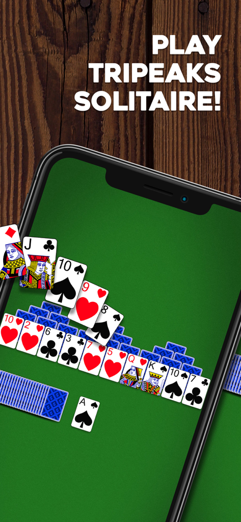 TriPeaks Solitaire: Card Game - A smartphone displaying a game of TriPeaks Solitaire on a classic green card table background.