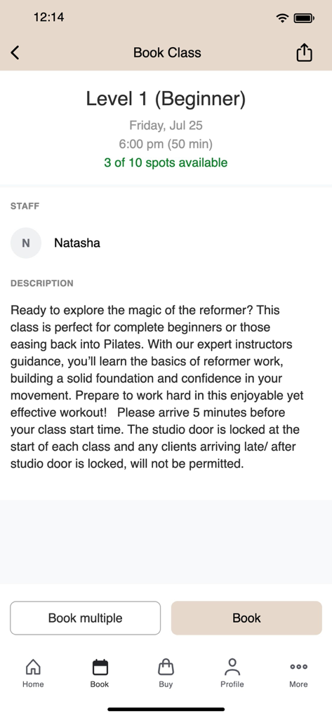 Evolution Pilates - Evolution Pilates app screen showing details for a Level 1 Beginner class booking with instructor Natasha