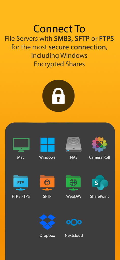 FileBrowser for Education interface displaying secure connection options to file servers and cloud storage providers