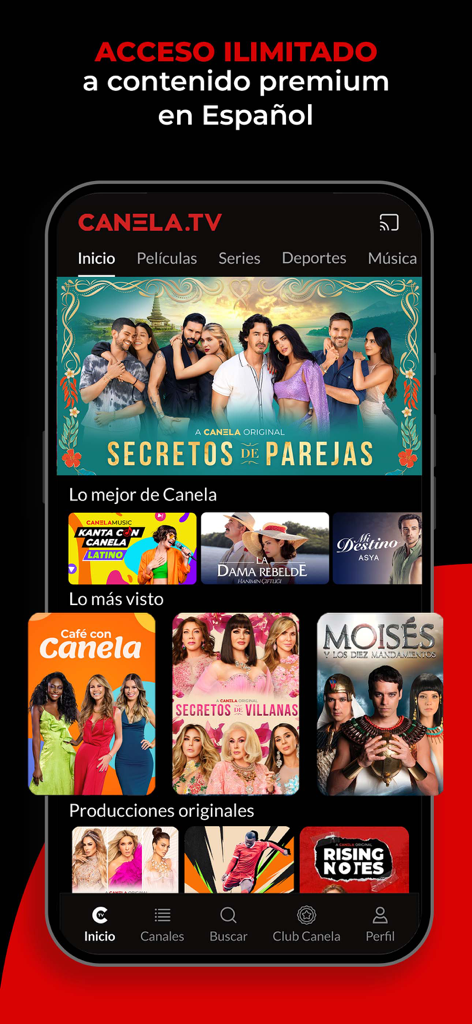 Canela TV App Startbildschirm mit spanischsprachigen Serien und Filmen