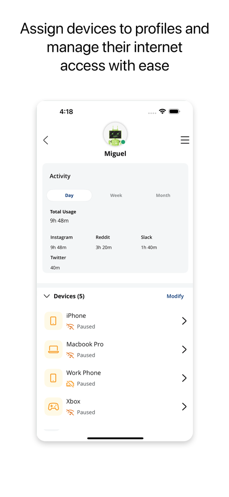 BTC Broadband  Wi-Fi - BTC Broadband Wi-Fi app interface for managing internet access and device profiles for a user named Miguel