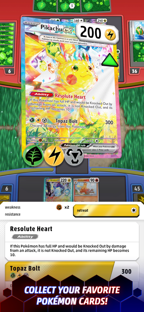 Carta rara Pikachu ex mostrada en el juego de Pokémon TCG Live.