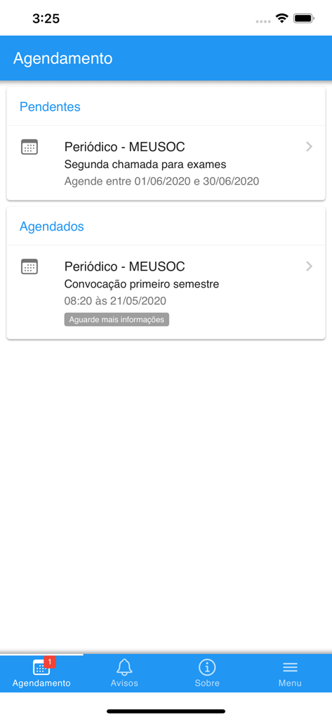 MEUSOC app interface showing the scheduling screen with pending and scheduled occupational health exam appointments.