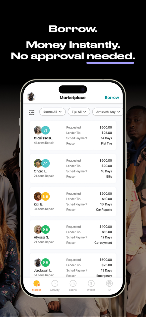 Marketplace screen of the SoLo Funds app showing peer to peer loan requests and borrower information