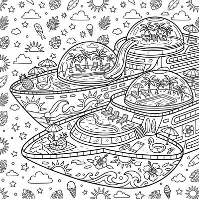 Imagine a summer getaway like no other aboard a massive colony ship! This unique coloring page blends futuristic space travel with classic tropical vacation fun, featuring poolside domes and sunny decks.