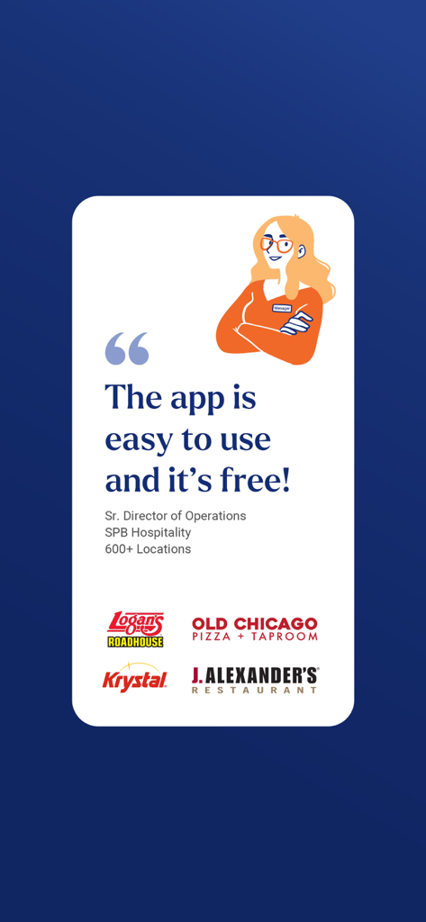 Testimonianza di un direttore dell'ospitalità che afferma che l'app è facile da usare e gratuita, con i loghi dei marchi di ristoranti.