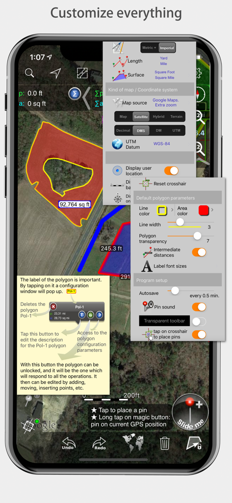 Measure Map Pro - Measure Map Pro mobile app interface showcasing various customization menus for measurements and map styles