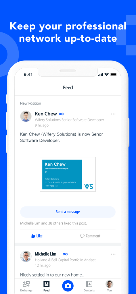 Eight: Business Card Manager - Ein professionelles Netzwerk-Feed in der Eight App zeigt Benachrichtigungen über Karrierewechsel und Job-Updates