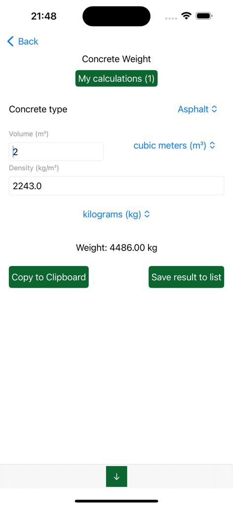 Concrete Calculator Estimator - Mobile screen showing the concrete weight calculation for asphalt in kilograms