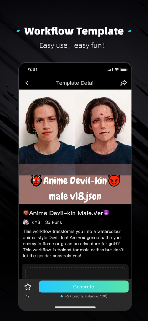 TensorArt - AI model generator - A smartphone screen showing the TensorArt app interface for an Anime Devil-kin workflow template that transforms a photo into an anime style character.