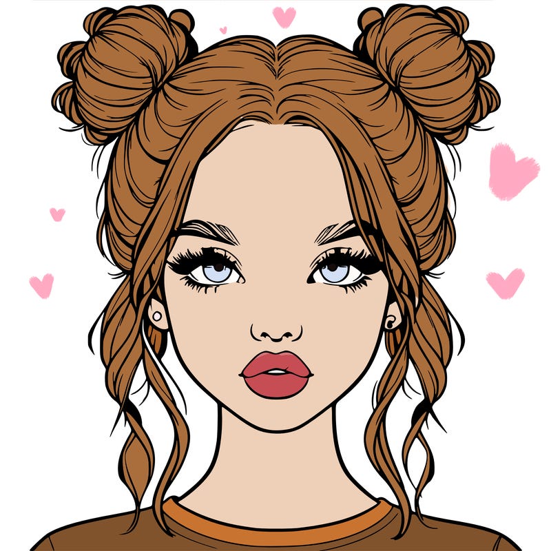 realistic girl with two buns in hair and lips