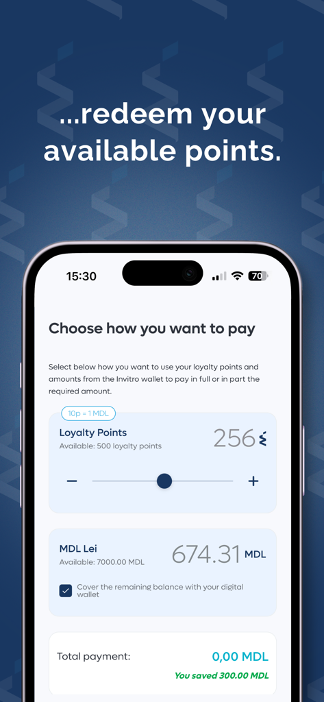 InvitroZen - Pantalla de la aplicación InvitroZen para seleccionar el método de pago utilizando puntos de fidelidad y billetera digital