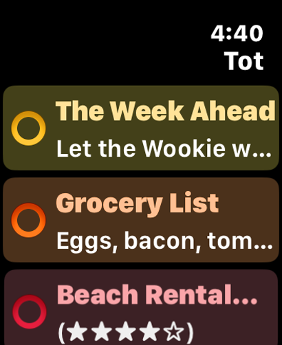 Tot Mini app on Apple Watch displaying a list of color-coded text notes including a grocery list.