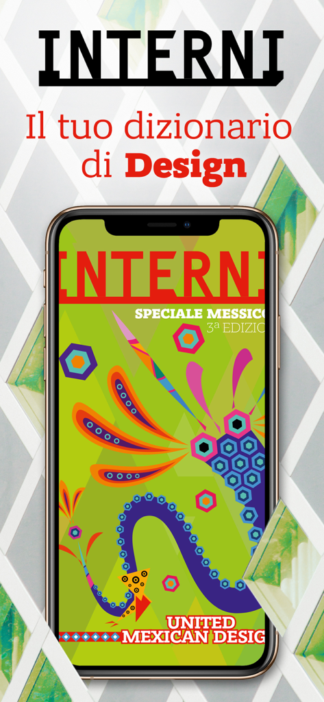 INTERNI - スマートフォンのInterniデザイン雑誌アプリ画面、デザインカバーが表示されている