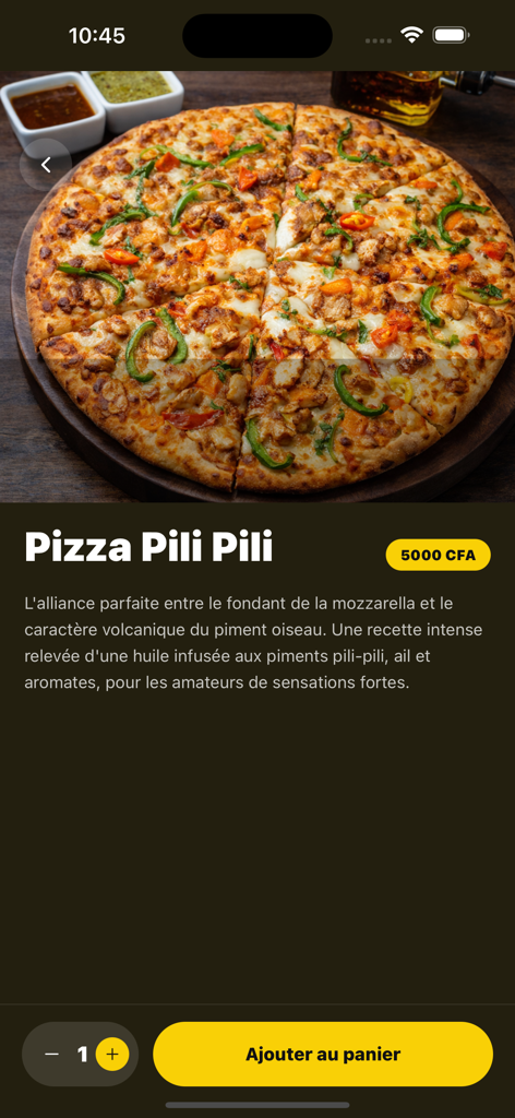 Eine detaillierte Ansicht der Pizza Pili Pili in der Shawarma House App mit der Option, zum Warenkorb hinzuzufügen