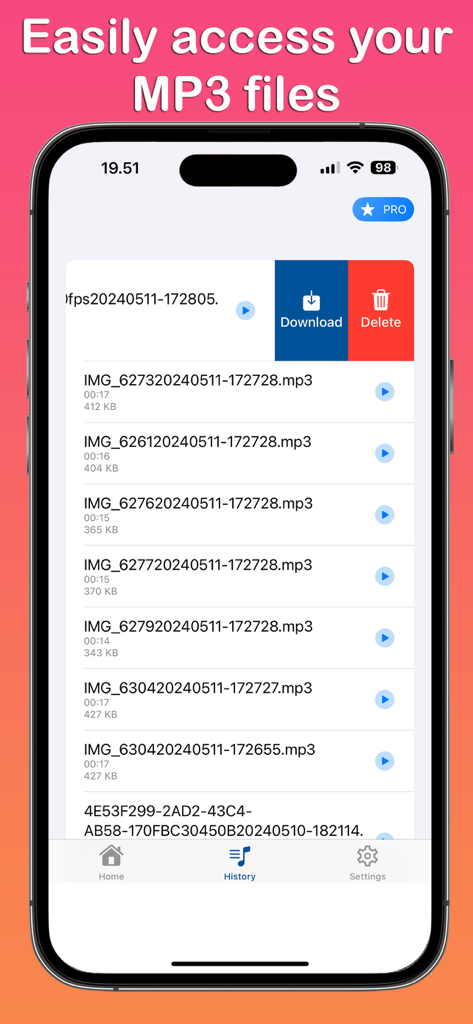 M4A to MP3 Converter ™ - Auf der Registerkarte Verlauf wird eine Liste konvertierter MP3-Audiodateien in der App-Oberfläche angezeigt