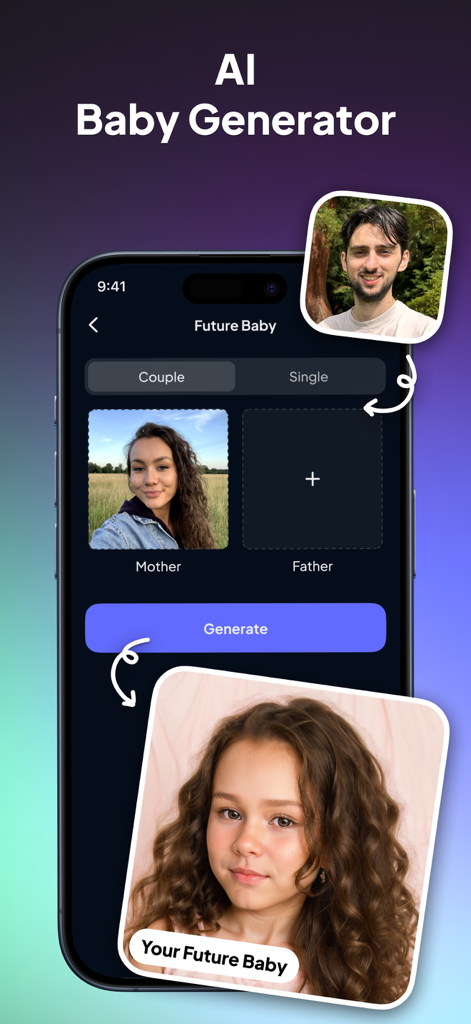AI Photo Generator: FaceOff - Interfaz de la app FaceOff para la función de generador de futuros bebés IA, mostrando fotos de los padres y un hijo generado.