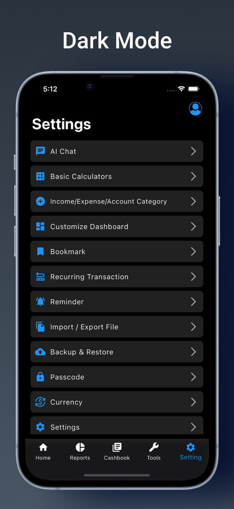 Money Manager: Budget Tracking - Settings screen of the Money Manager app in dark mode showing various financial tracking tools