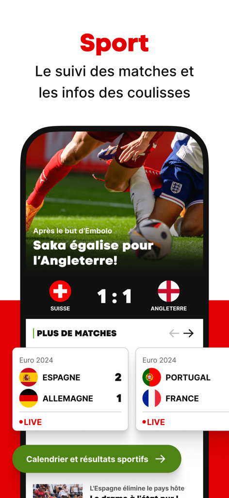 Interface of the Blick news app showing live Euro 2024 football match scores and sports coverage.