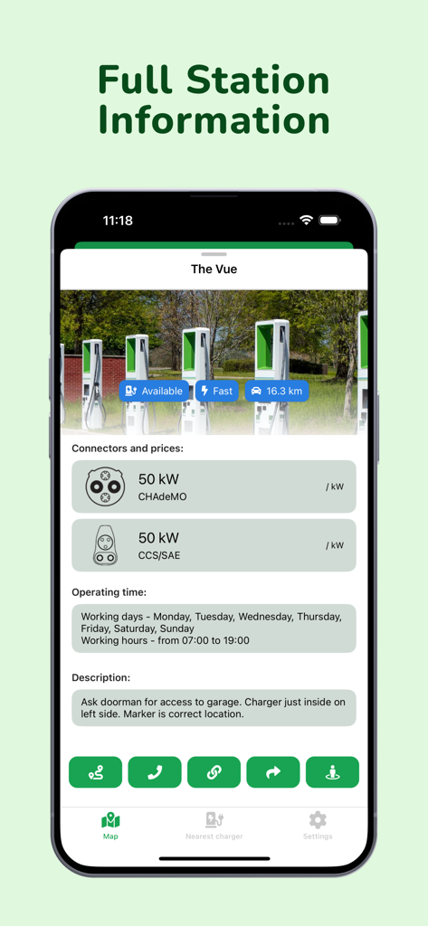Tela de detalhes da estação de carregamento de VEs mostrando tipos de conectores, disponibilidade e horários