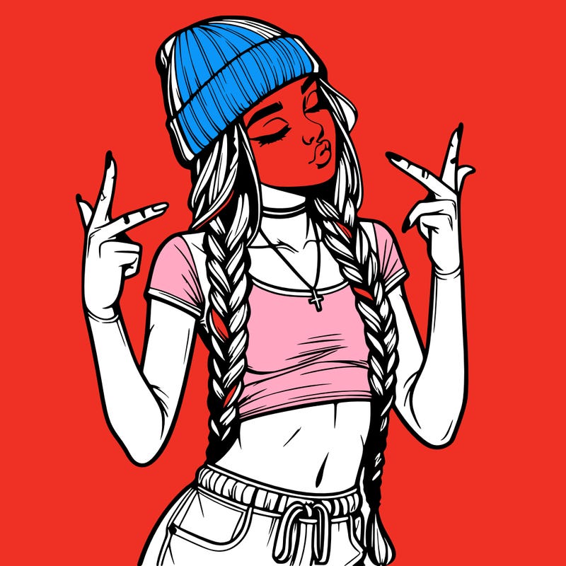 realistic teenage girl with braids and a beanie and crop top doing 🫶🏼