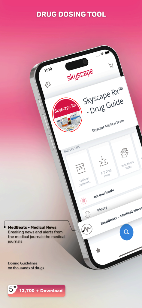 Interface of the Skyscape Rx Drug Guide app displaying various clinical indices and medical news alerts on an iPhone screen