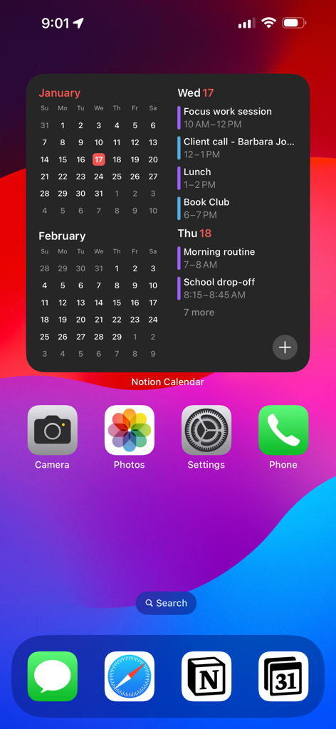 月間カレンダーと1日のスケジュールを表示するNotion Calendarの大きなiPhoneホーム画面ウィジェット