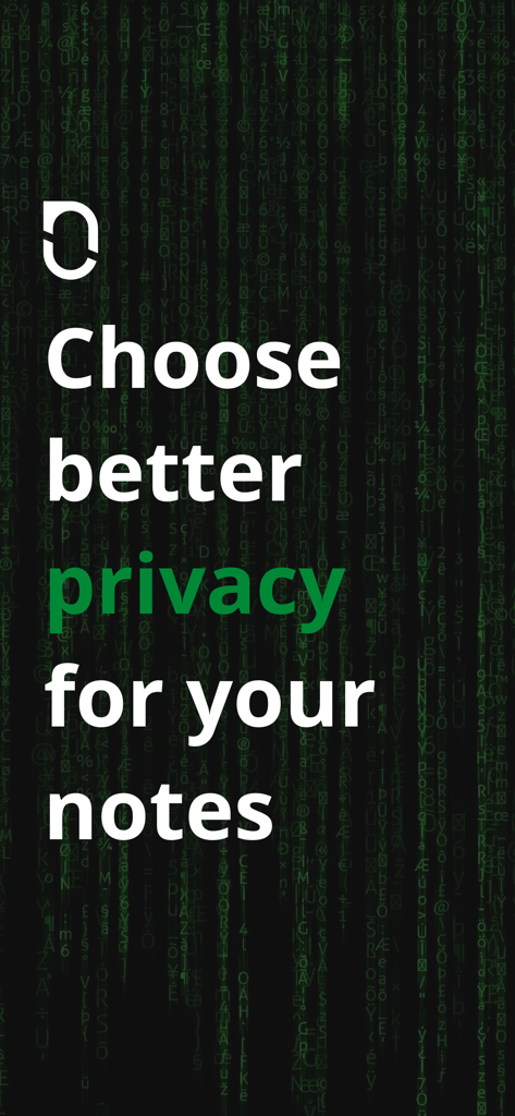 Notesnook: Private note taking - Pantalla promocional de Notesnook con el texto Elige una mejor privacidad para tus notas sobre un fondo de código digital verde
