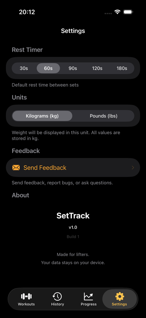 SetTrack - Workout Tracker - SetTrack app settings screen showing rest timer options and weight unit selection in dark mode.