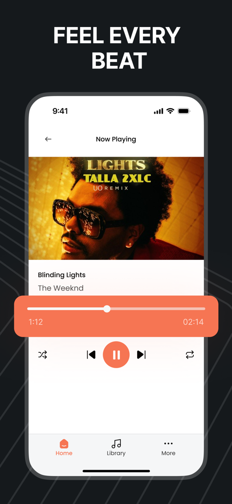 PlayTube : Music , Videos - PlayTube Musik-Player-Oberfläche, die den Bildschirm "Now Playing" mit minimalistischen Bedienelementen und Songinformationen zeigt