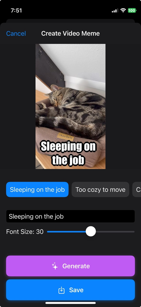 YoMeme: Meme Maker & Editor - YoMemeのモバイルアプリインターフェース。眠っている猫とテキストオーバーレイを備えた動画ミームエディターが表示されています。