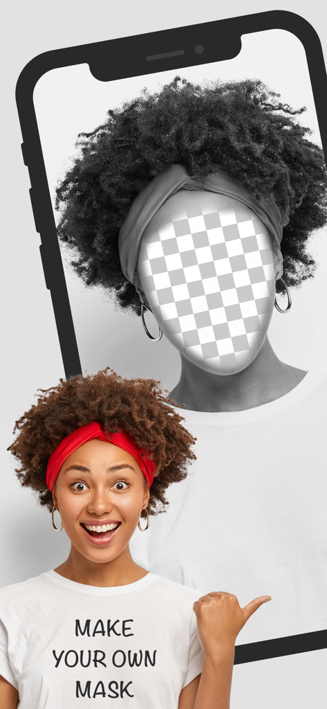 Una mujer creando una máscara personalizada de cara en agujero usando la app Oldbooth