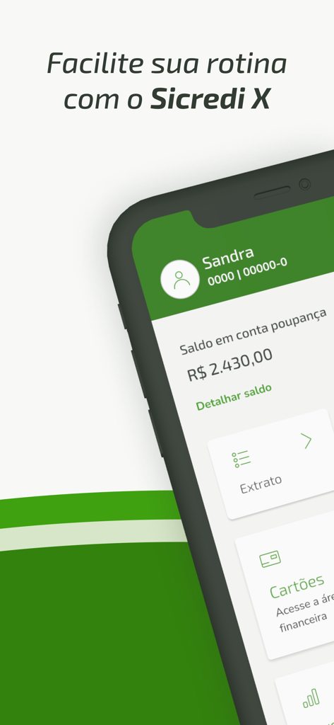 Sicredi X - Interfaz de la aplicación móvil Sicredi X que muestra el saldo de la cuenta de ahorros y las opciones del menú para extractos y tarjetas.