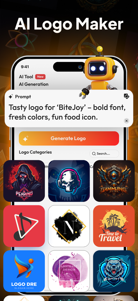 Logo Maker - Design Creator * - Interfaccia dell'app mobile di AI Logo Maker che mostra un prompt di testo per il branding e vari modelli di design del logo.