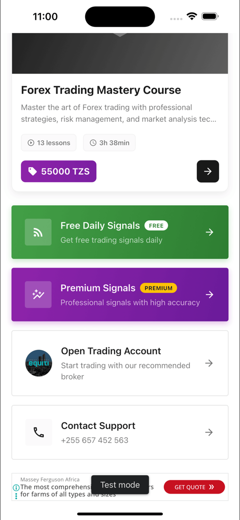 Dashboard of the Vision Trader app featuring a forex trading mastery course and options for free or premium trading signals