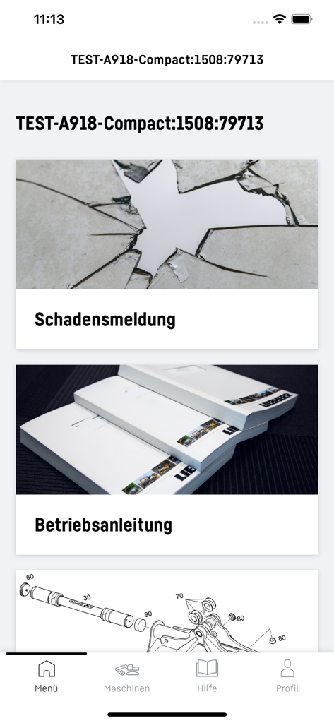 MyAssistant for Earthmoving - Panel de la app Liebherr MyAssistant para Movimiento de Tierras mostrando opciones para reportar daños e instrucciones de operación