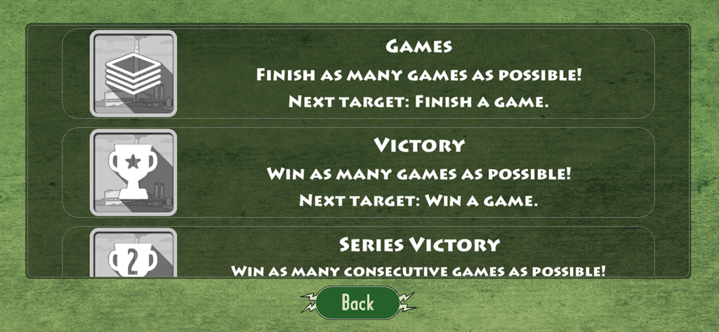 Achievements menu in the Power Grid board game app showing game progress and victory goals